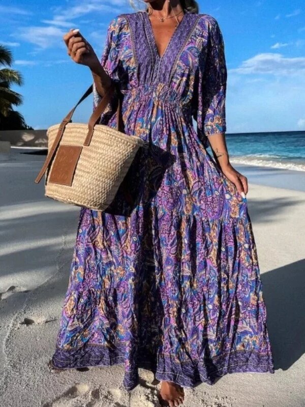 Wiązanie w pasie długa sukienka damska z głębokim dekoltem w serek wiosenny nadruk Retro Maxi letnia krótki luźny rękaw sukienka plażowa OFE19