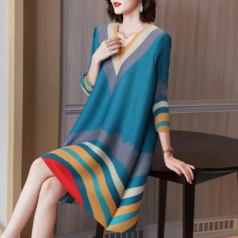 V 넥 프린트 3 분기 소매 루즈핏 드레스 여성용, 봄 신상품