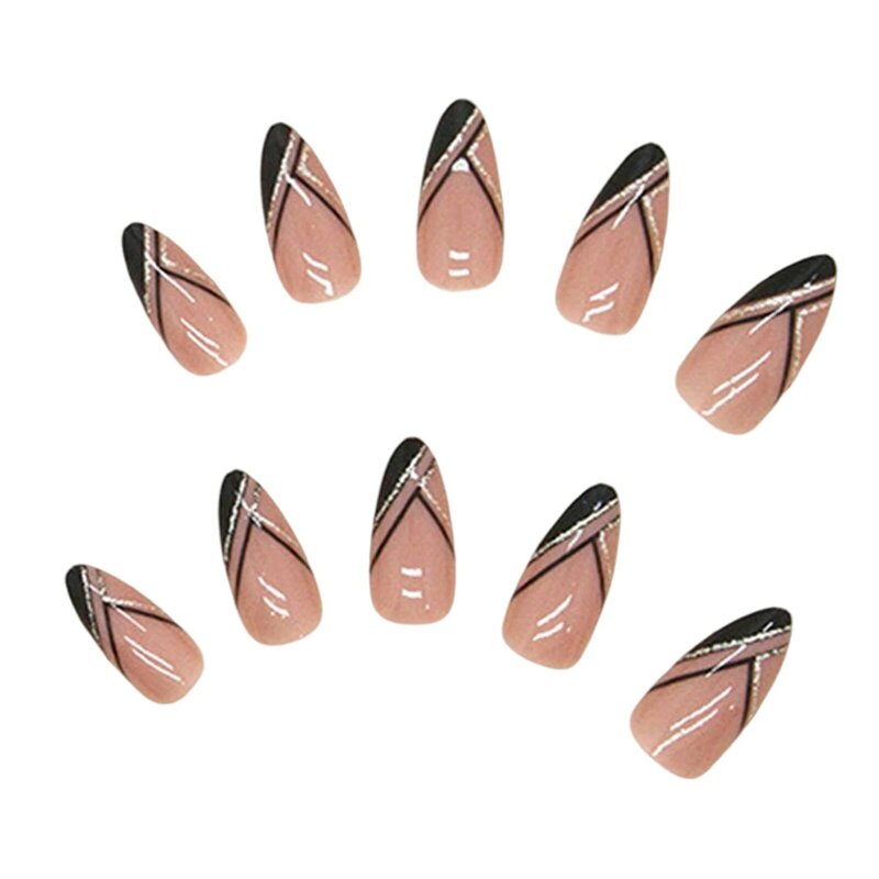 Black Diagonal Line Fake Nails Fit for Curvature of Female Nails for Students Daily Nail Decoration