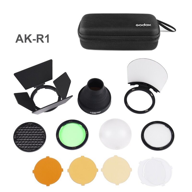 New AK-R1 Barn Door, Snoot, Color Filter, Reflector, Honeycomb, Diffuser Ball Kits for Godox AD200 H200R V1 Round Flash Head