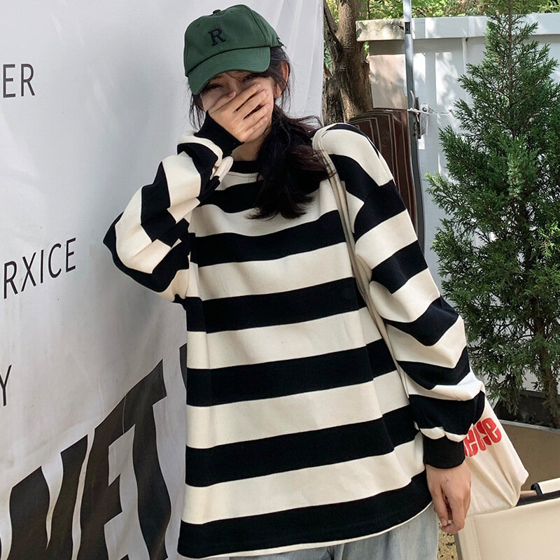Women's Loose Sweatshirt with Drop Sleeves and Wide Stripes, Korean College Style Casual Top for Spring and Autumn