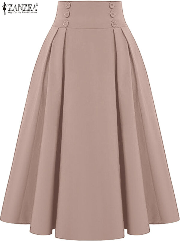 Юбка ZANZEA Женская трапециевидная, однотонная длинная Плиссированная юбка с завышенной талией, на пуговицах, в винтажном стиле, лето-весна 2024