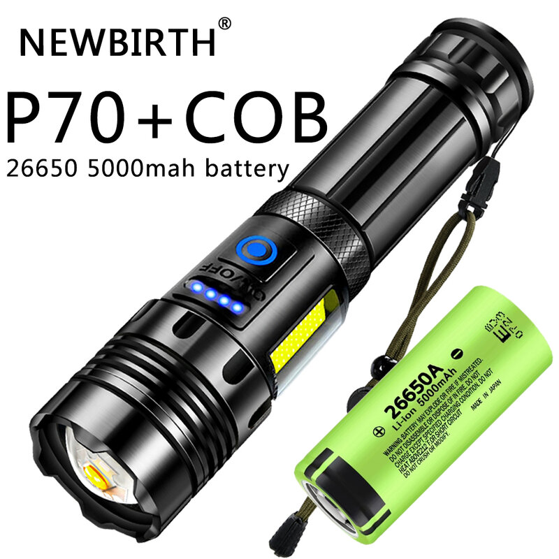 Lanterna LED com Banco de Potência, Fonte de Luz Dupla, Bateria Externa, Carregamento USB, 18650, Bateria 26650, Zoom, XHP70 + COB