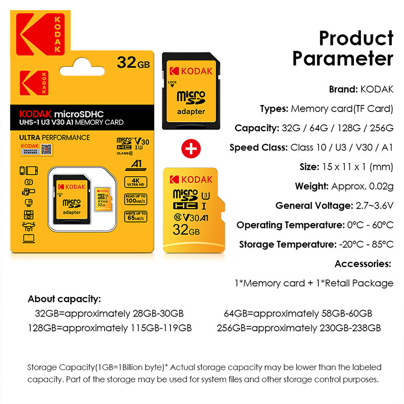 KODAK 64G Ultra Memory Card 64GB A1 U3 4K Micro SD SDHC Microsd UHS-I C10 TF Performance Flash Minisd originale con adattatore