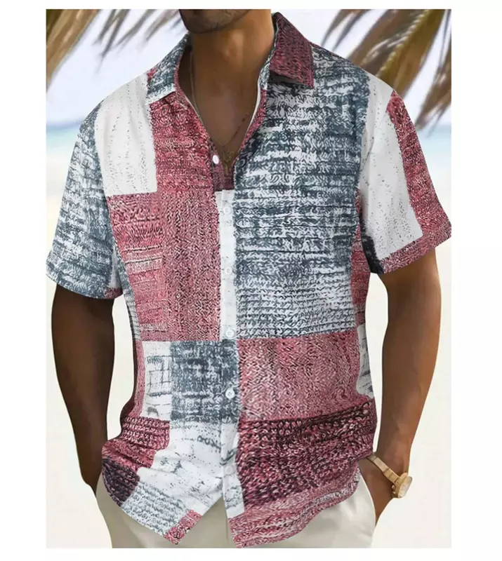 Men's short sleeved shirt square creative printing collar shirt fashionable retro street high-quality comfortable clothing