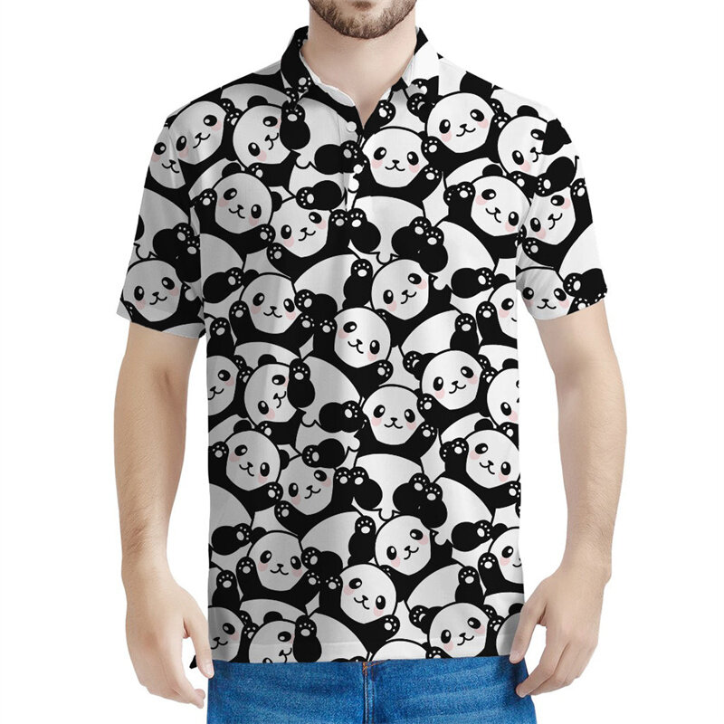 Polo con patrón de Panda de dibujos animados para hombre, Camiseta con estampado 3D de animales, solapa de verano, manga corta, Tops, camisetas sueltas con botones
