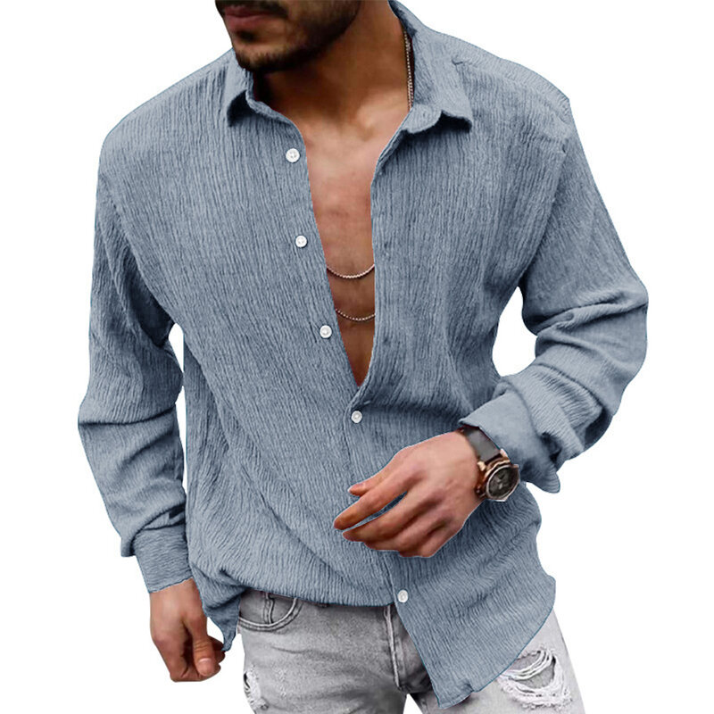 Chemises et chemisiers en lin décontractés pour hommes, chemise à boutonnage simple, manches longues, document monochrome, automne, printemps, vêtements pour hommes