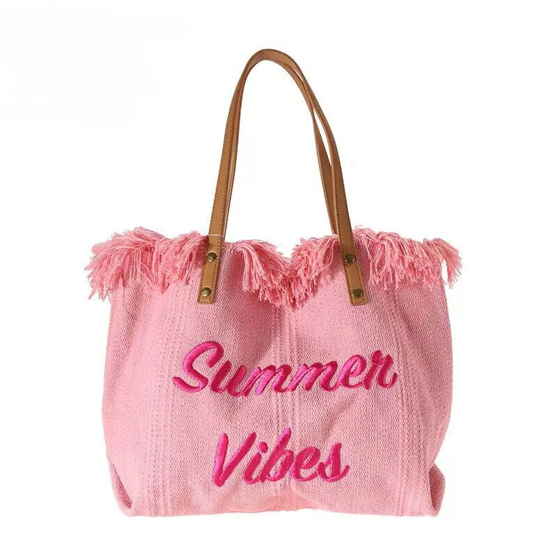 Bolsa bordada com letra borla feminina, design simples, sacola de praia de viagem, bolsa de ombro de grande capacidade, moda, 2024