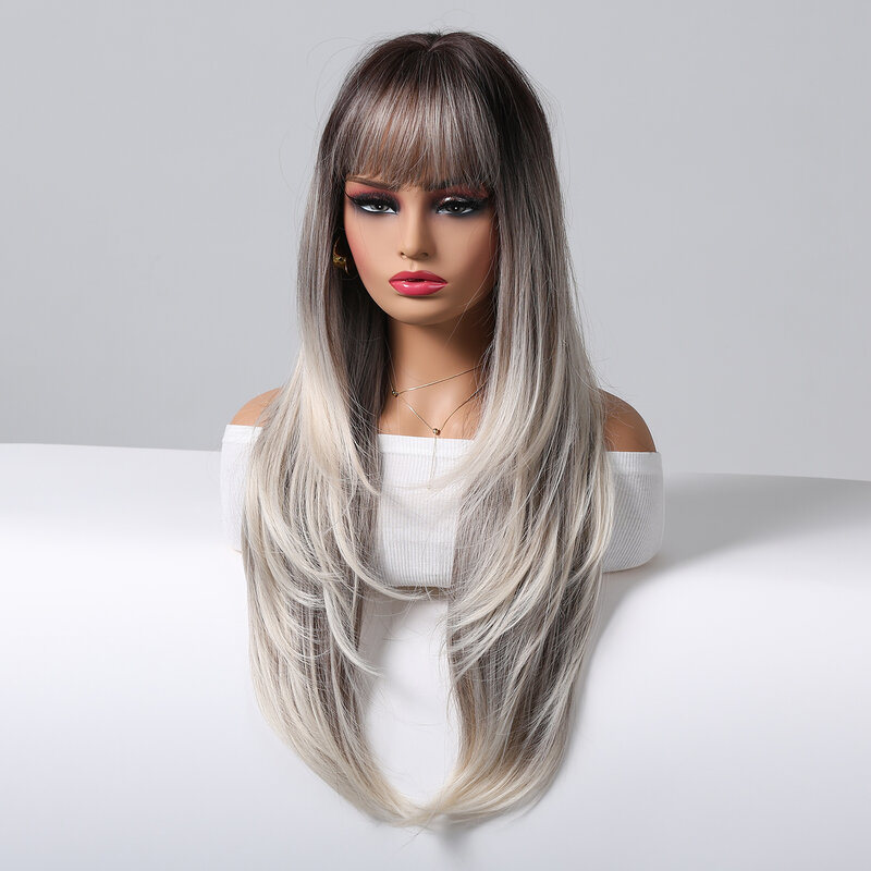 LOUIS FERRE Ombre Dark Brown to Light Grey Long Straight Hair With Bangs Natural Layered Silver Gray Wig for Women Daily Cosplay