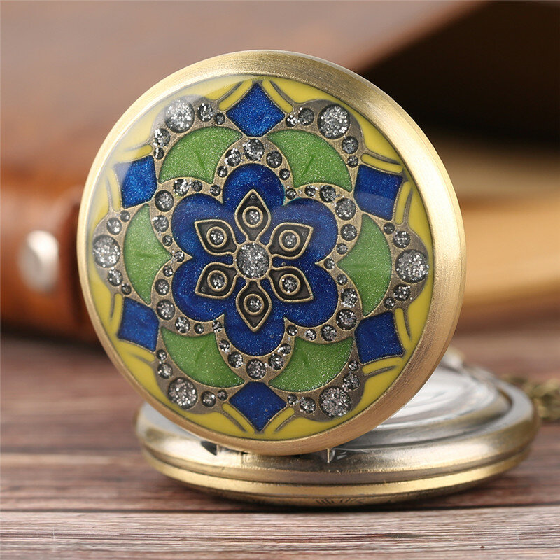 Relógio de bolso com flor cristal design para homens e mulheres, movimento de quartzo, número árabe display, colar, corrente presente, moda antiga