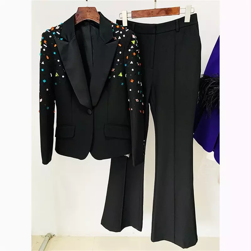 Роскошный женский комплект из 2 предметов, новинка 2023 года, дизайнерский Блейзер на одной пуговице со стразами, брюки-клеш, костюмы, деловые костюмы знаменитостей, дизайнерские брюки