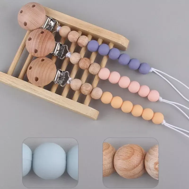 Pinzas de madera para chupete de bebé, cadena anticaída, cuentas de silicona, pezón infantil, Clip para chupete