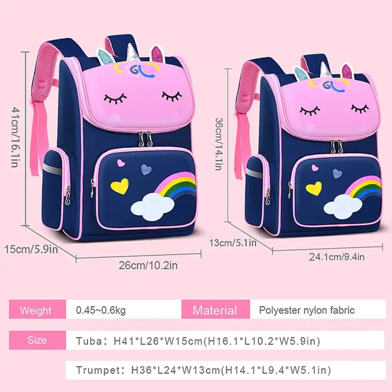 Elementary School Students Schoolbag 6-12 Years Old Boys and Girls Shoulders Backpack 1-6 Grades Unicorn Cute Wat