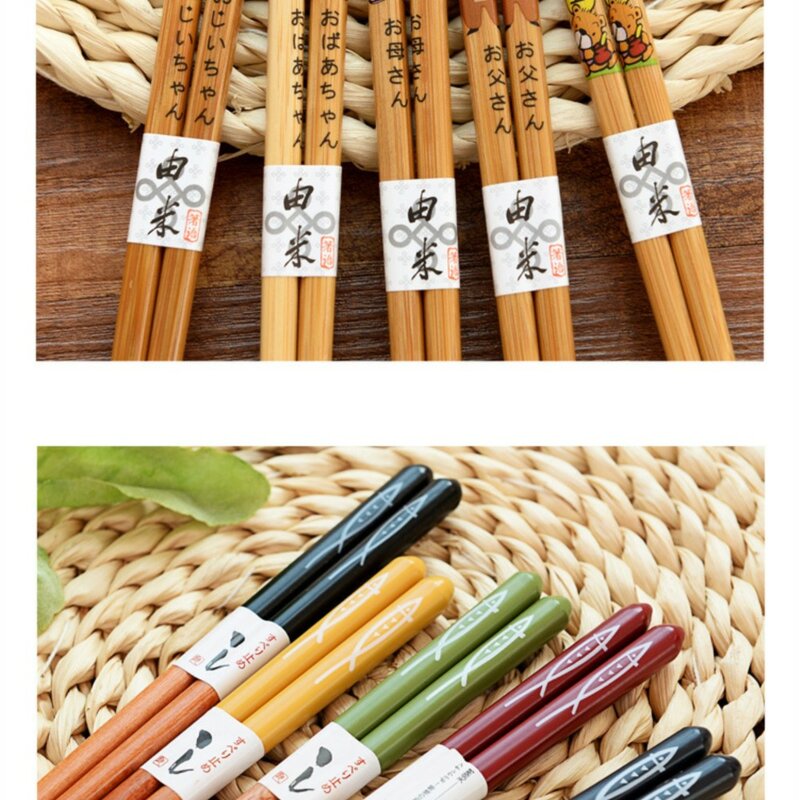 韓国と日本の天然滑り止め木製箸、寿司食品滑り止め家庭用食器、長い竹、5ペアセット