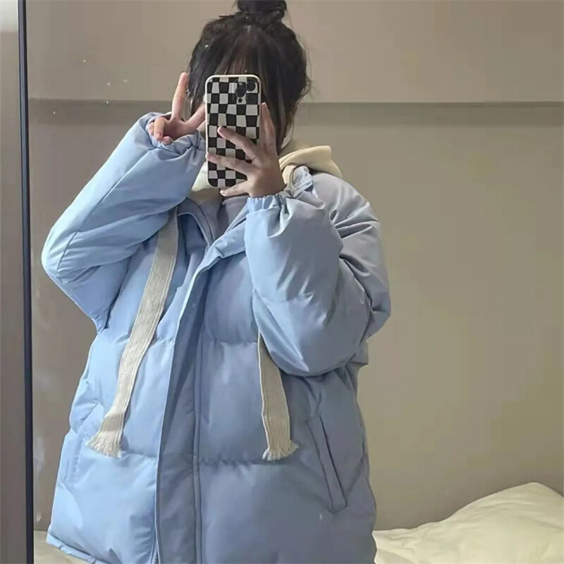 Casaco de algodão versátil para mulheres, casaco de pão solto, duas peças falsas, casaco de estudante, série coreana, nova moda, inverno, 2023