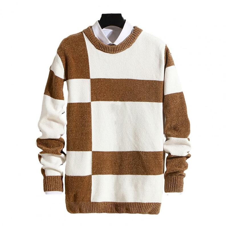 Contrast Color Autumn Winter Sweater Men Colorblock Thick Knitted Round Neck Elastic Slim Pullover Men Outdoor Sweater