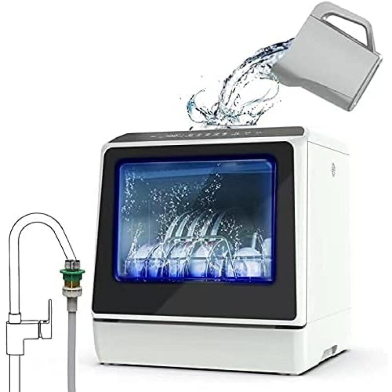 Portable Countertop Dishwasher with 5 Programs, 3-Cup Water Tank, Fruit/Veg Basket, High Temp, Air Dry