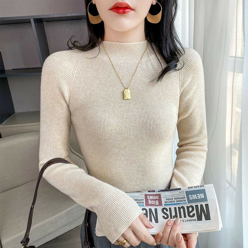 Women's Half High Collar Long Sleeve Sweater Lady Autumn Winter Basic Pullover Sweater Solid Color Jumper