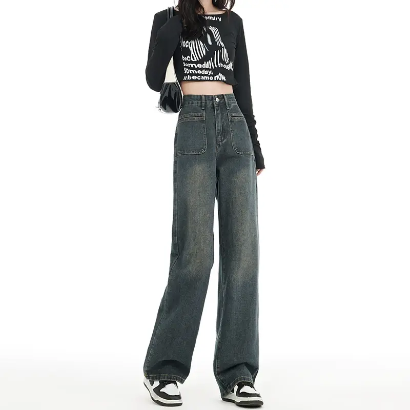 Celana Denim wanita, celana Denim kaki lebar abu-abu, pinggang tinggi, Jeans longgar, desain panjang
