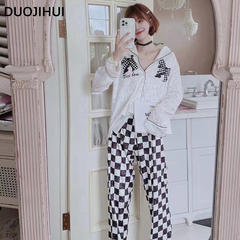 Duojihui-女性用2ピースパジャマセット、エレガントカーディガン、ロングルーズパンツ、シンプル、カジュアル、ファッション、4色、秋