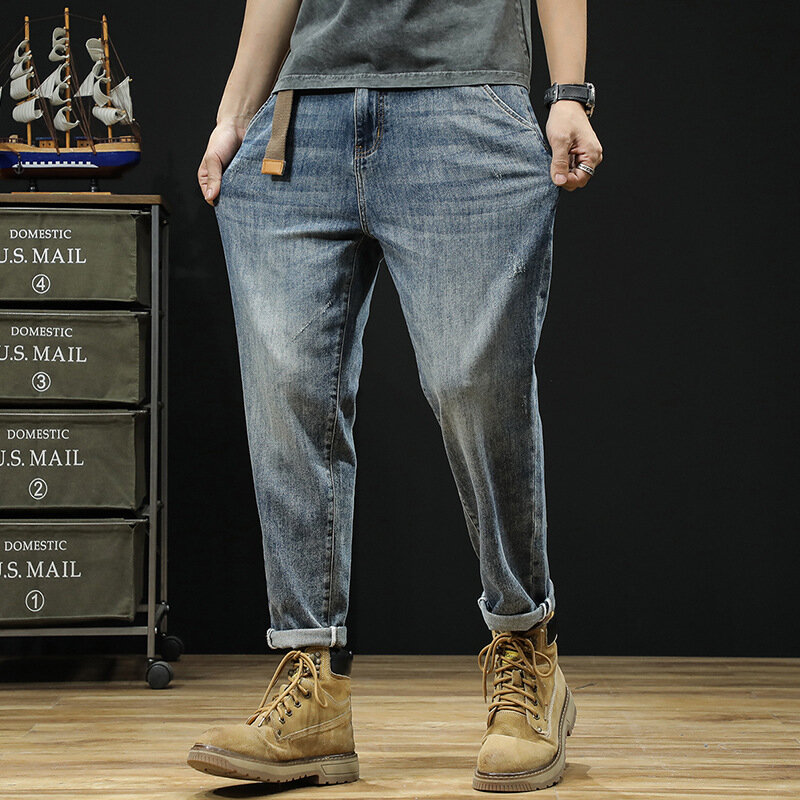 Лидер продаж 2024, летние мужские джинсы, весна, мужские эластичные модные свободные брюки-карандаш в стиле Harlan