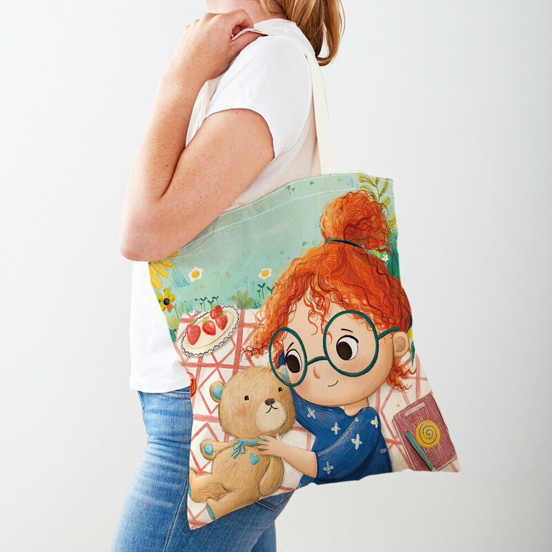 Cartoon Children Girl Shopping Bag for Women Reusable Foldable Casual Canvas Girl Shopper Bags Tote Travel Handbag