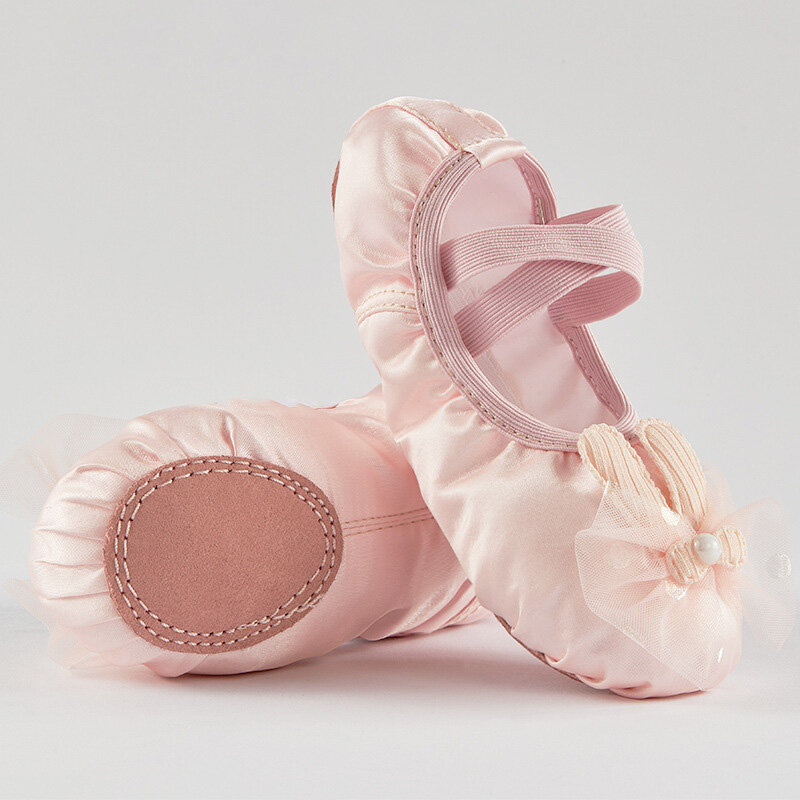 Zapato de baile de suela suave para niños, zapatillas de gimnasia de interior con bordado de satén y garra de gato, Ballet, Yoga