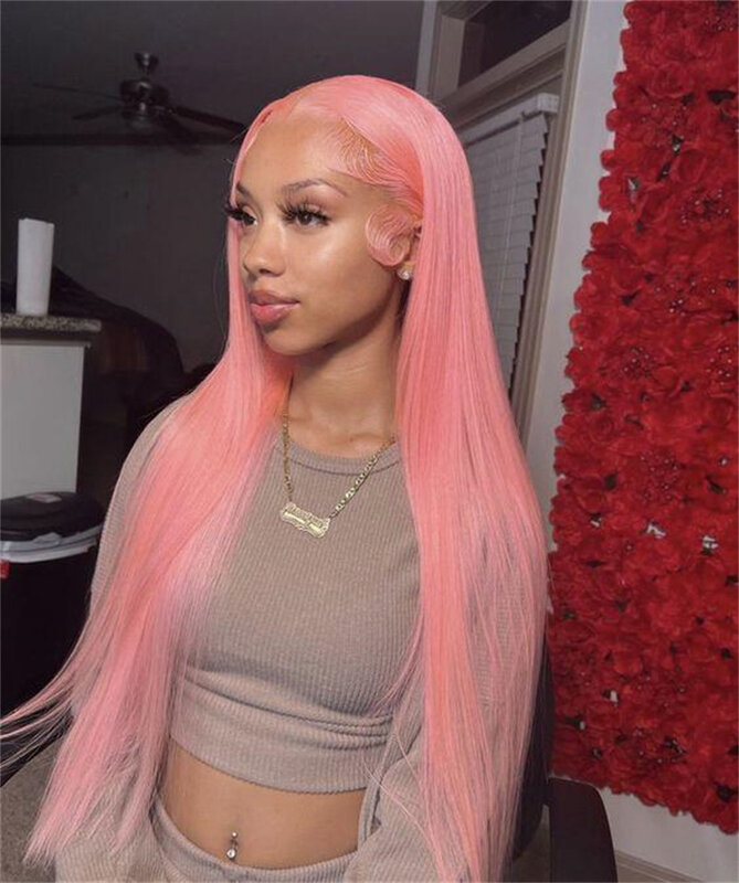 Pink Soft 26 inch 180Density Long Glueless Silky Straight Lace Front Wig For Women BabyHair Preplucked Heat Resistant Daily