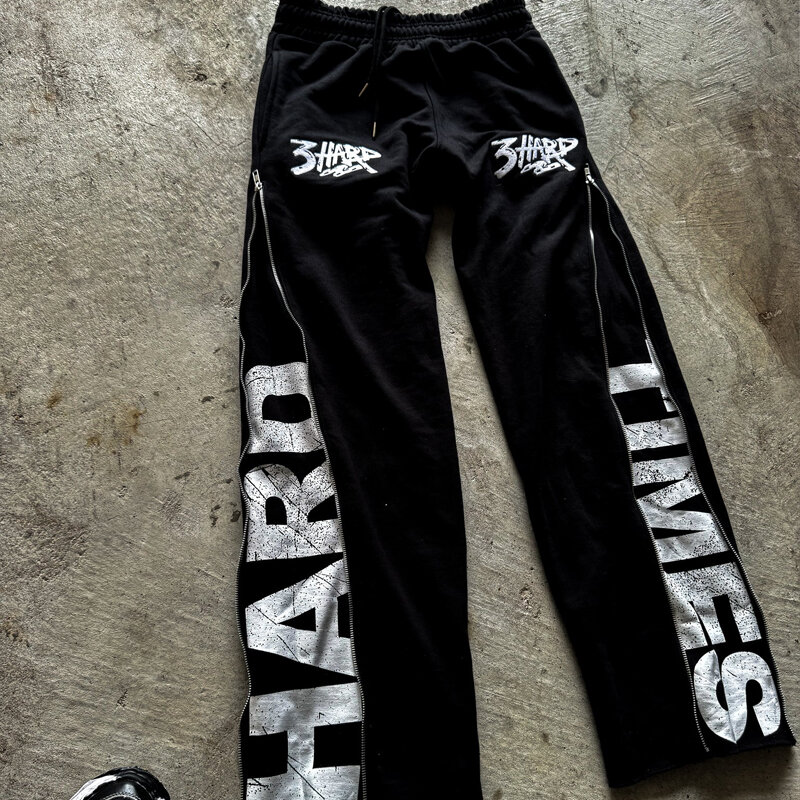 Y2K celana olahraga pria, bawahan dekorasi ritsleting kasual Hip Hop, cetakan huruf Gotik Amerika, celana kaki lurus