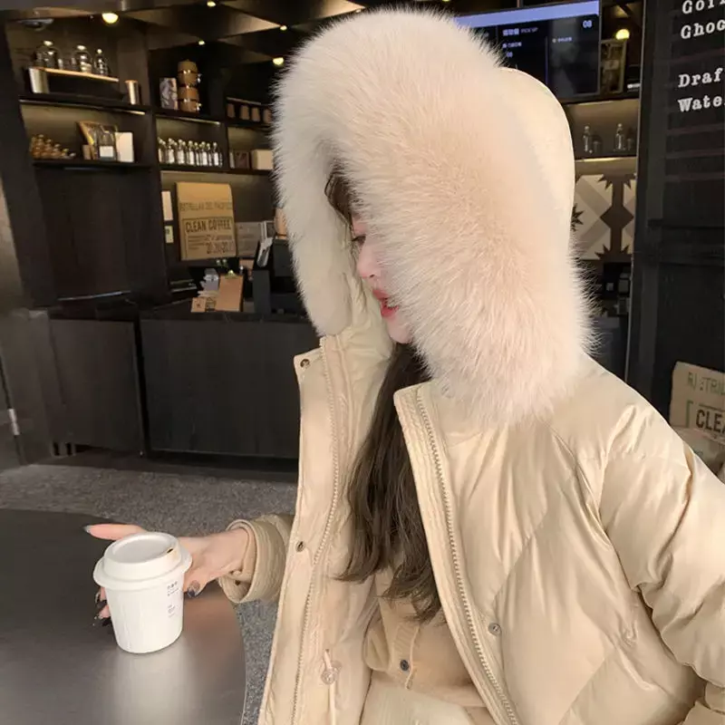 Chaqueta con cuello de piel de zorro Real para mujer, abrigos de plumón de pato blanco coreano, prendas de vestir sólidas cálidas, moda de invierno, 2023