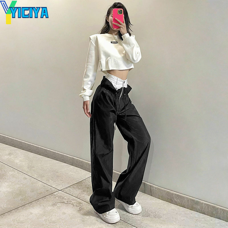 Yiciya กางเกงสไตล์ Y2K กางเกงผ้าตรงสำหรับผู้หญิง, กางเกงขายาวทรงหลวมกางเกงคาร์โก้ชุดใหม่ลำลอง