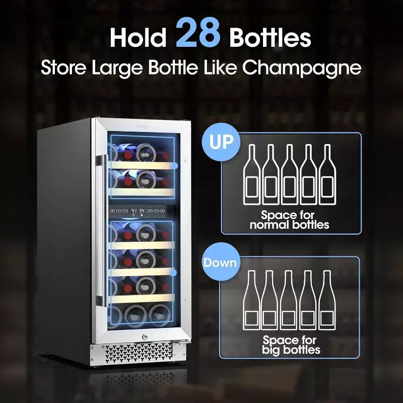 HAOYUNMA raffreddatore per vino da 15 pollici, frigorifero per vino a doppia zona da 28 bottiglie con compressore aggiornato per bottiglie grandi