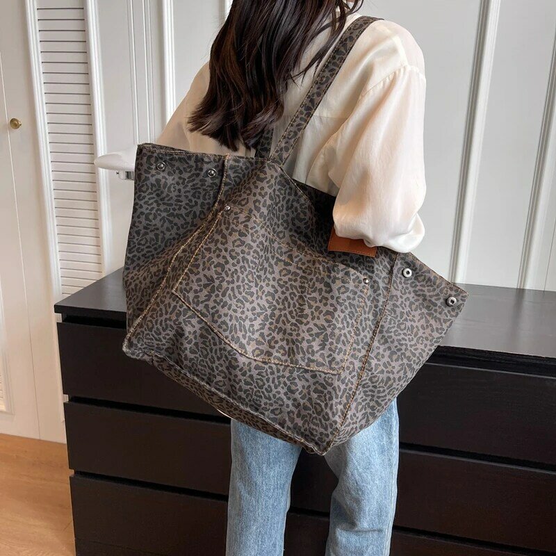 Oversized Leopard Prints Shoulder Bags For Women Deformable Canvas Large Capacity Shopping Totes 2024 Korean New Luxury Handbags