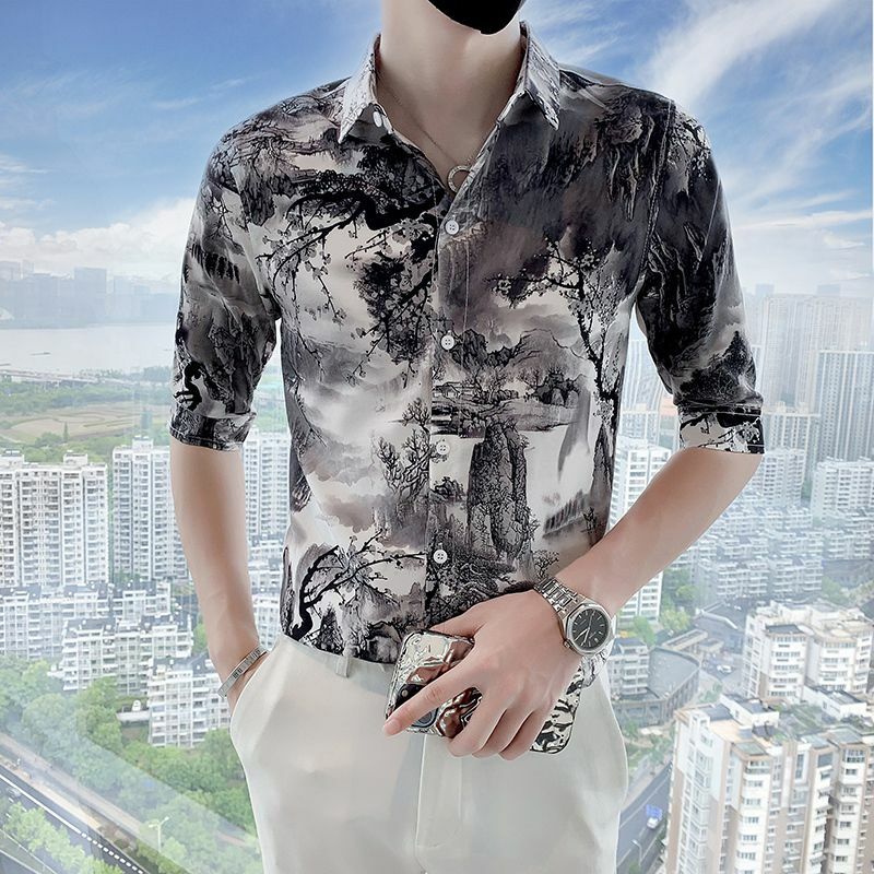 Рубашка Y2K мужская с отложным воротником, модная сорочка с рукавом до локтя, уличный Повседневный Свободный кардиган на пуговицах, топы из вискозной ткани, лето