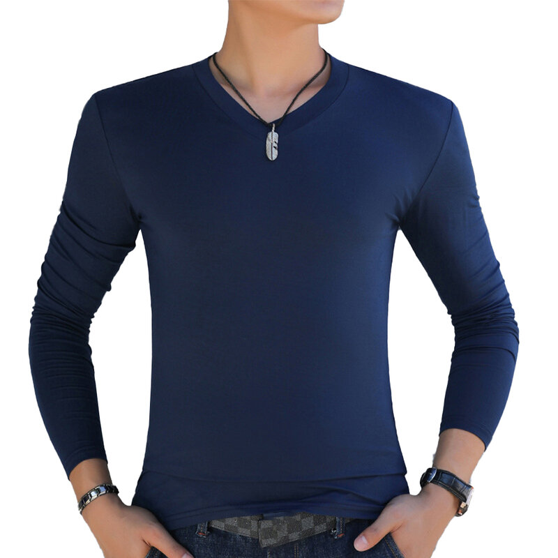 Bluzki męskie podkoszulek z dekoltem w szpic z wycięciem w szpic, oddychający sweter z długim rękawem, regularny, przyjazny dla skóry