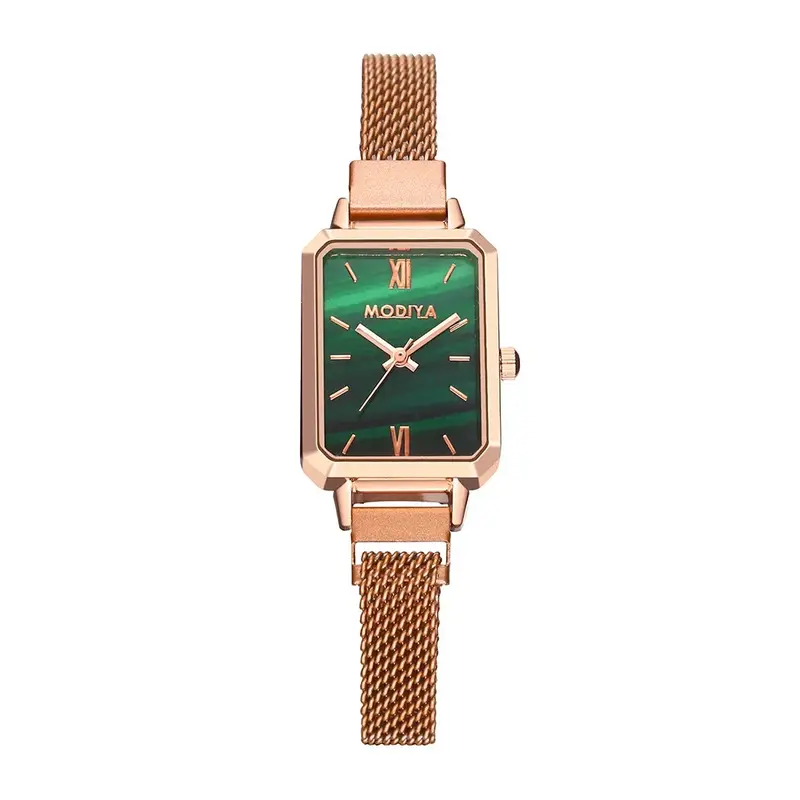 Часы женские кварцевые с квадратным циферблатом, модные простые Роскошные с зеленым циферблатом, с сетчатым браслетом из розового золота
