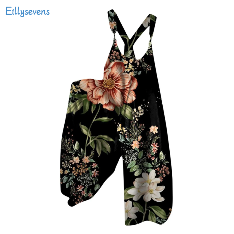 Wide Leg Overalls For Women Casual Loose Sleeveless Retro Printed Buckle Jumpsuits With Pockets Daily Regular Bib Rompers
