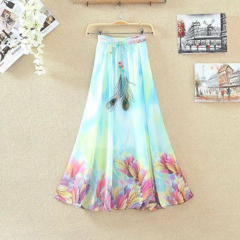 2024 Summer Temperament Ethnic Style Printed Women's Dress Lace Up High Waist Elastic Mid Length Large Swing Chiffon Beach Skirt