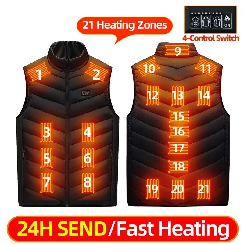USB Recarregável Jaqueta Aquecida Elétrica para Homens e Mulheres, Self Heating Vest, Caça Aquecendo Roupas, 21 Áreas Aquecidas