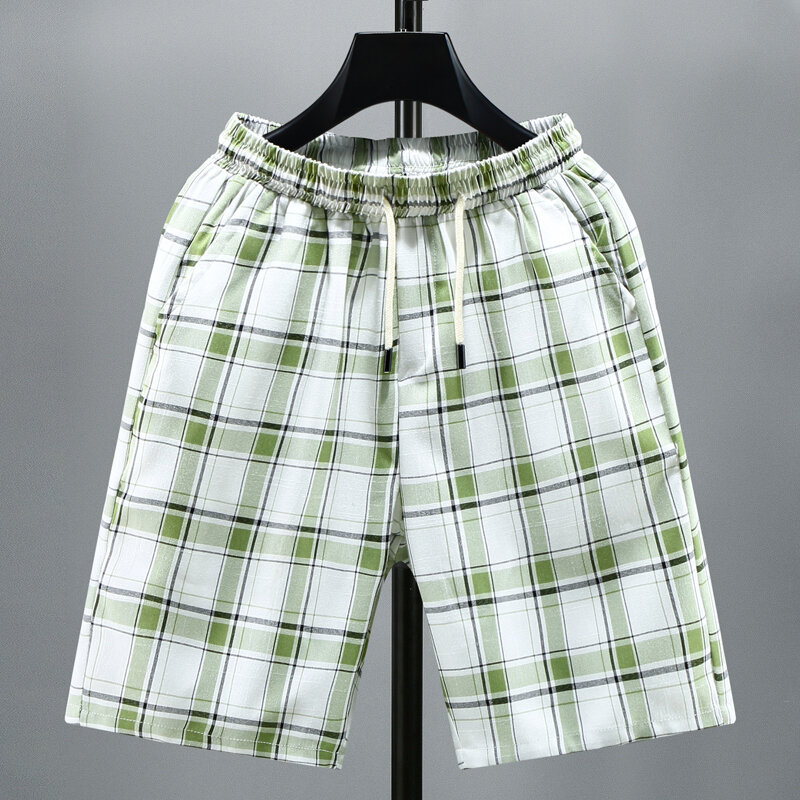 M-8XL mais tamanho do verão calções casuais masculinos com cordão 2023 nova moda xadrez cintura elástica calças curtas de fitness roupas masculinas