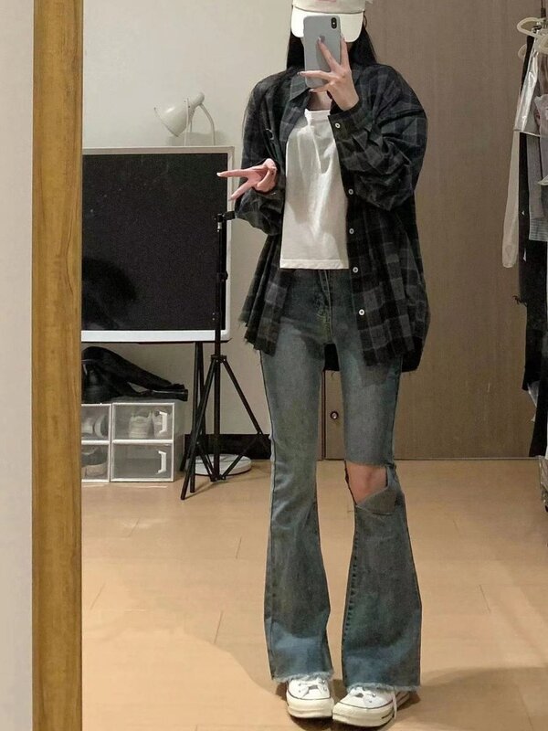 Deeptown Vintage Long Sleeve Plaid Shirts Y2k Woman Korean Style Blouses Harajuku Fashion Japanese Oversize Check Outerwears