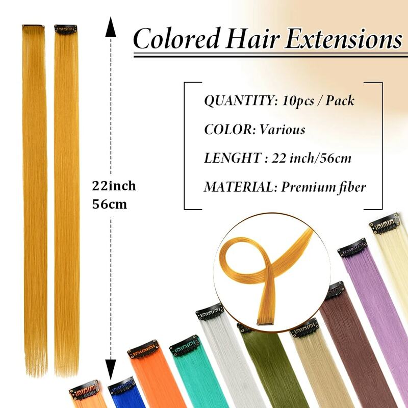 Extensiones de cabello liso para mujer, postizos sintéticos de 22 pulgadas, coloridos, Resaltadores, 10 piezas
