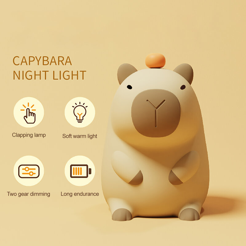 Lampu malam silikon Capybara kartun lucu, lampu malam silikon Capybara kartun lucu, dapat diisi ulang daya, peredupan tidur untuk dekorasi kamar anak-anak