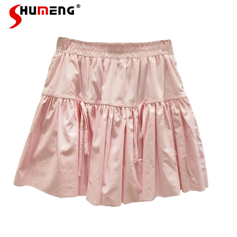 Cute Girl Bow Bandage Bud Lantern Skirt Female 2024 Summer New Sweet Woman Elastic High Waist Solid Color Slimming Short Skirts