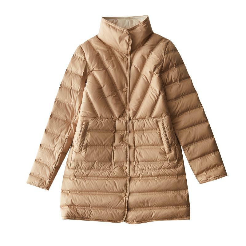 여성용 초경량 다운 재킷, 여성용 캐주얼 루즈 90%, 화이트 덕 다운 스탠드 칼라, 양면 착용 다운 재킷, 2024 신상