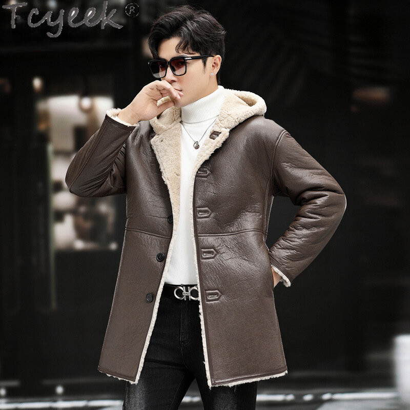 Tcyeek-Jaqueta de couro genuíno de comprimento médio masculina, casaco natural, com capuz, casacos de pele de carneiro real, moda chique, inverno