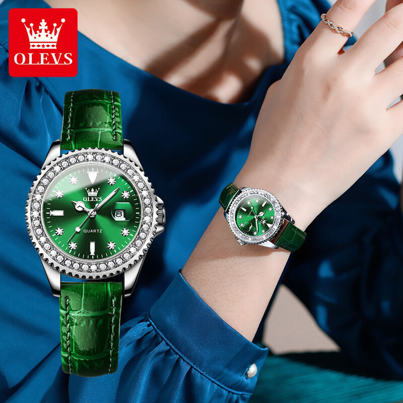 OLEVS 여성용 럭셔리 다이아몬드 쿼츠 시계, 녹색 가죽, 방수 야광 캘린더 시계, 여성 패션, 신제품