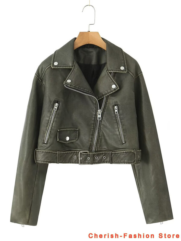 2023 New Autumn Women Vintage Bomber Washed PU giacche in ecopelle Ladies Gradient Zipper Motor Biker giacca in pelle grigia corta