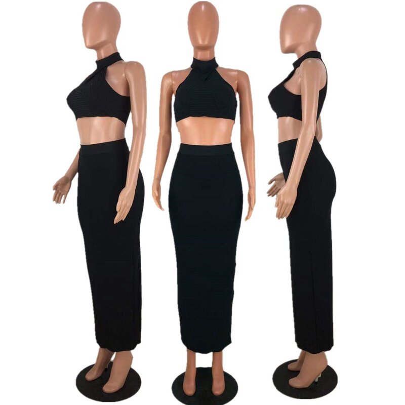 European style crop top and maxi skirt set summer halter knitted bodycon 2 pieces outfits for women DL5043