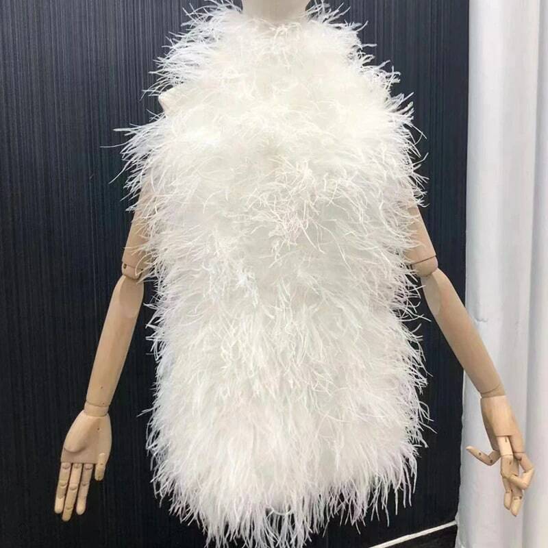 신제품 100% 천연 타조 헤어 스커트, 길이 70 cm, 등이 파진 디자인, 섹시한 여성의 진짜 타조 모피 드레스 브래지어, 진짜 모피 코트